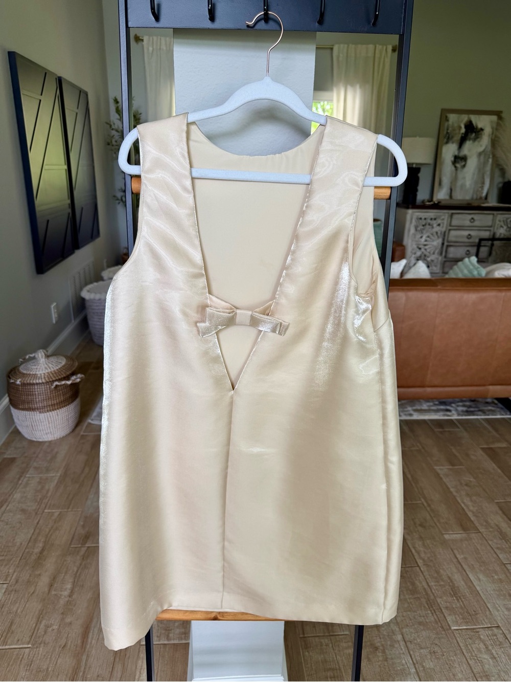 H&M Cream Satin V-Neck Dress with Bow Accent